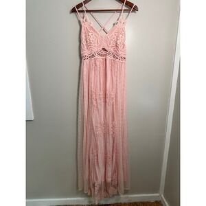 Mainstrip Maxi Dress Women M Baby Pink EUC Crochet Lace Fairycore Boho Ethereal